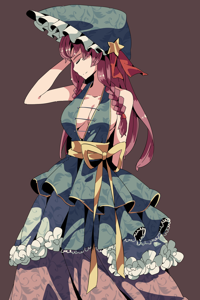1girl adapted_costume bare_shoulders braid breasts brown_background cleavage closed_eyes dress hat hong_meiling redhead sash solo touhou twin_braids yoshinaga_p