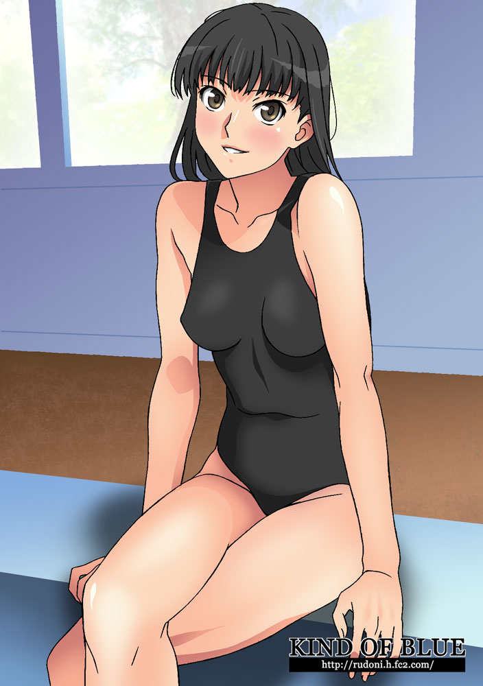 1girl amagami ayatsuji_tsukasa black_hair brown_eyes long_hair poolside rudoni school_swimsuit sitting swimsuit