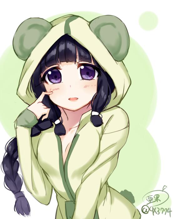 1girl animal_ears artist_request bangs bear_ears black_hair blush braid commentary_request kantai_collection kitakami_(kantai_collection) long_hair open_mouth solo tagme translation_request twitter_username
