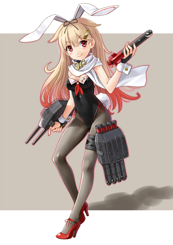 1girl adapted_costume animal_ears blonde_hair blush breasts bunny_girl bunny_tail bunnysuit cannon cleavage detached_collar fake_animal_ears gloves grey_legwear hair_flaps hair_ornament hair_ribbon hairclip kantai_collection katahira_masashi leotard long_hair looking_at_viewer messy_hair pantyhose rabbit_ears red_eyes ribbon scarf simple_background smile solo tail torpedo turret wrist_cuffs yuudachi_(kantai_collection)