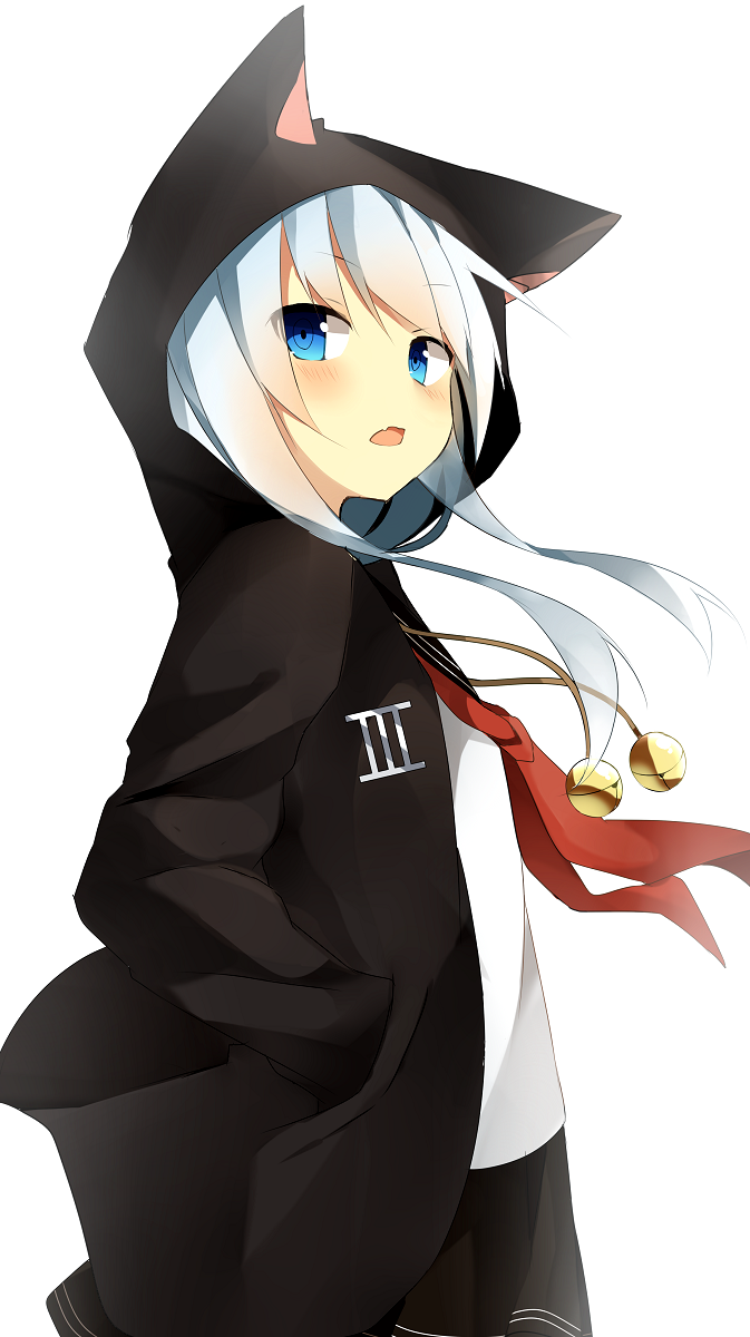 1girl animal_hood aqua_eyes aqua_hair bell black_skirt cat_hood hands_in_pockets hibiki_(kantai_collection) highres hood hooded_jacket jingle_bell kantai_collection long_hair neckerchief open_mouth pleated_skirt sailor_collar satou_saya school_uniform serafuku simple_background skirt solo white_background