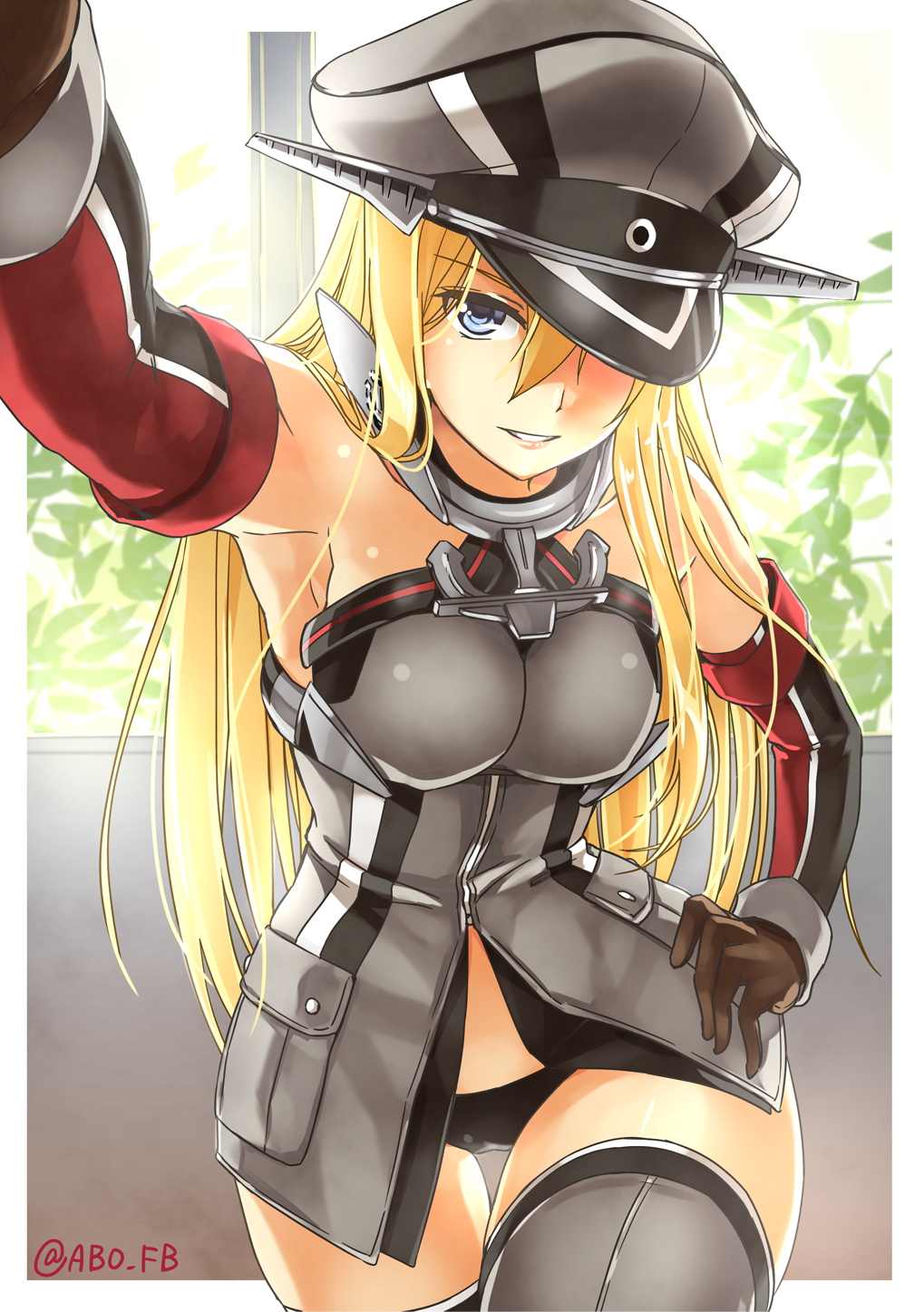1girl abo_(hechouchou) bare_shoulders bismarck_(kantai_collection) black_panties blonde_hair blue_eyes blush breasts detached_sleeves gloves grey_legwear hat highres kantai_collection large_breasts long_hair looking_at_viewer military military_hat military_uniform panties peaked_cap smile solo thigh-highs underwear uniform