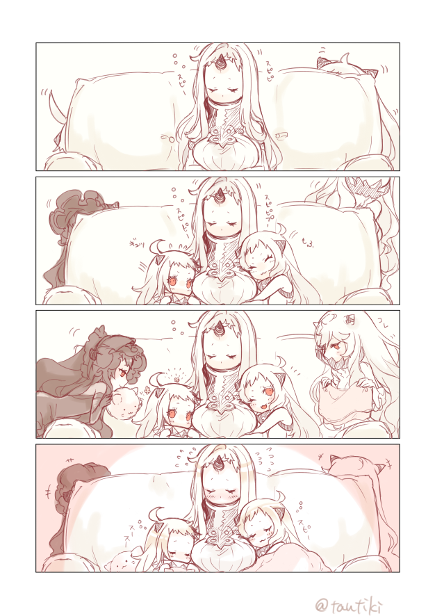 +++ 4koma 5girls :3 ^_^ ahoge airfield_hime closed_eyes closed_mouth comic covered_mouth fumizuki horn horns isolated_island_oni kantai_collection long_hair midway_hime mittens multiple_girls northern_ocean_hime one_eye_closed open_mouth red_eyes seaport_hime shinkaisei-kan silent_comic twitter_username