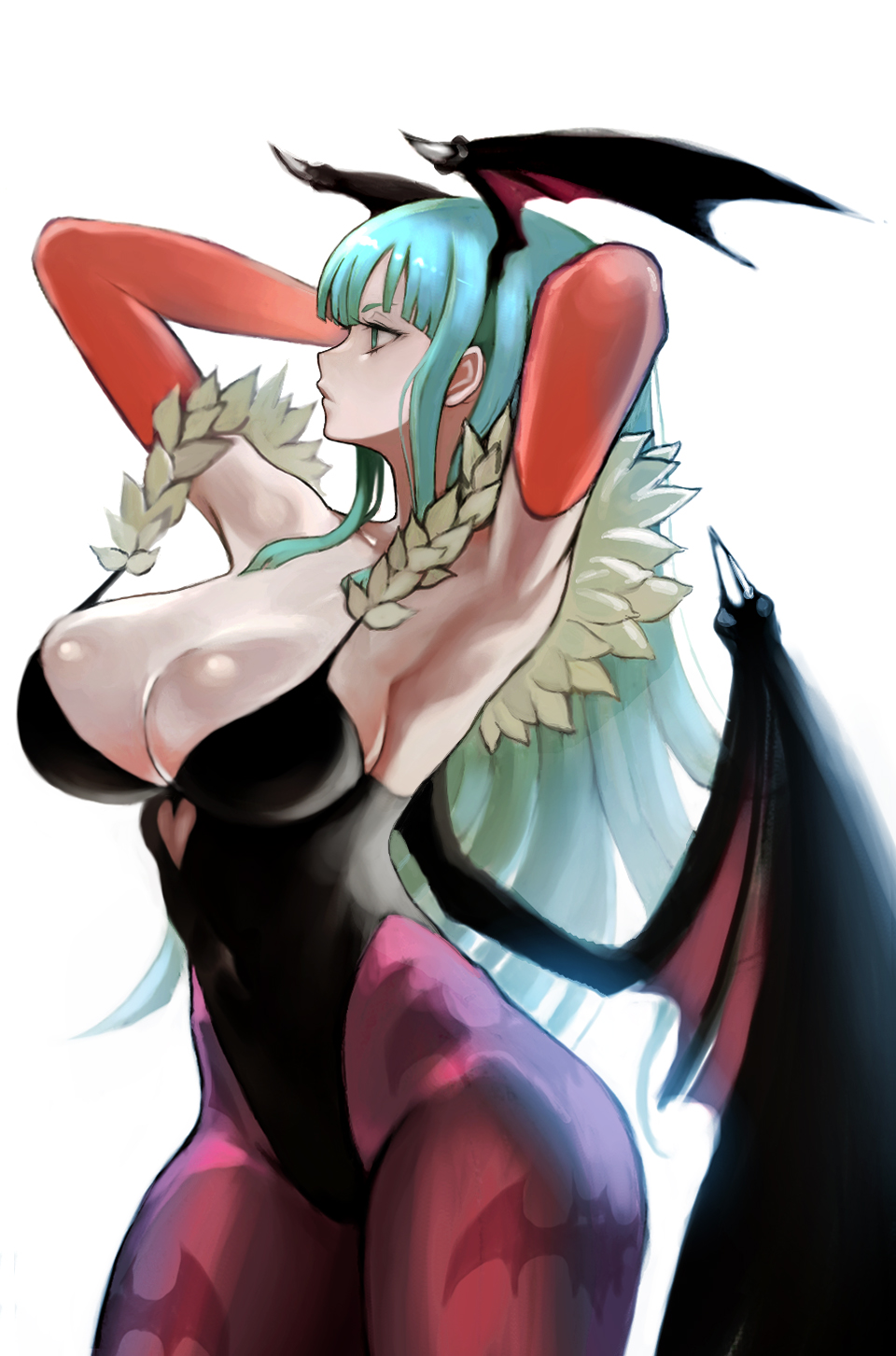 1girl armpits arms_up bare_shoulders bat_print bat_wings breasts cleavage demon_girl elbow_gloves gloves green_hair head_wings highres hiro1984 large_breasts leotard long_hair morrigan_aensland pantyhose print_legwear solo succubus vampire_(game) wings