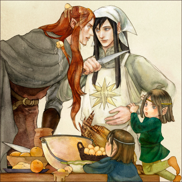 4boys apron arm_grab bandana black_hair child cloak cooking egg elrond elros eye_contact food food_on_clothes food_on_head knife lomacchi long_hair looking_at_another lord_of_the_rings maedhros maglor male_focus multiple_boys object_on_head orange_hair pointy_ears silmarillion younger