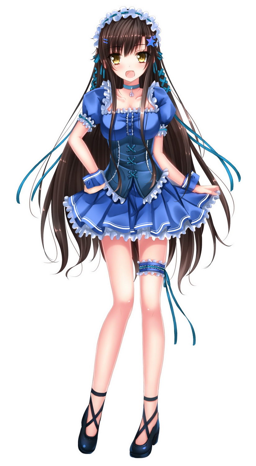 1girl :d artist_request blue_dress blush brown_hair choker dress fang frilled_dress frills full_body hair_ornament hair_ribbon hairband hand_on_hip highres leg_garter lolita_hairband long_hair looking_at_viewer open_mouth original personification puffy_short_sleeves puffy_sleeves ribbon saionji_rin_(crh380b) short_sleeves simple_background skirt_hold smile solo standing star star_hair_ornament very_long_hair white_background wrist_cuffs yellow_eyes