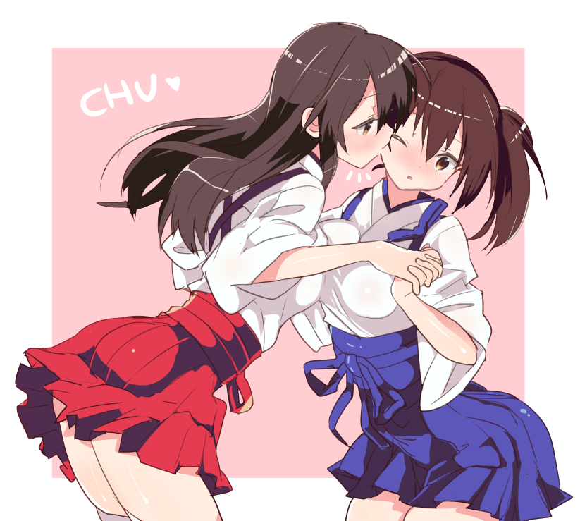 2girls akagi_(kantai_collection) blush brown_eyes brown_hair dodoria367 holding_hand japanese_clothes kaga_(kantai_collection) kantai_collection kiss long_hair multiple_girls side_ponytail wince