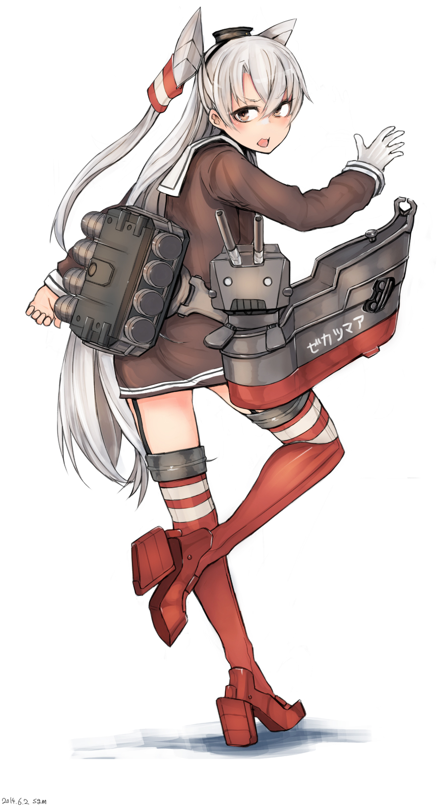 1girl amatsukaze_(kantai_collection) dress garter_straps gloves highres kantai_collection long_hair rensouhou-kun sailor_dress short_dress sigama silver_hair simple_background single_glove solo striped striped_legwear tagme thigh-highs two_side_up very_long_hair white_background windsock zettai_ryouiki