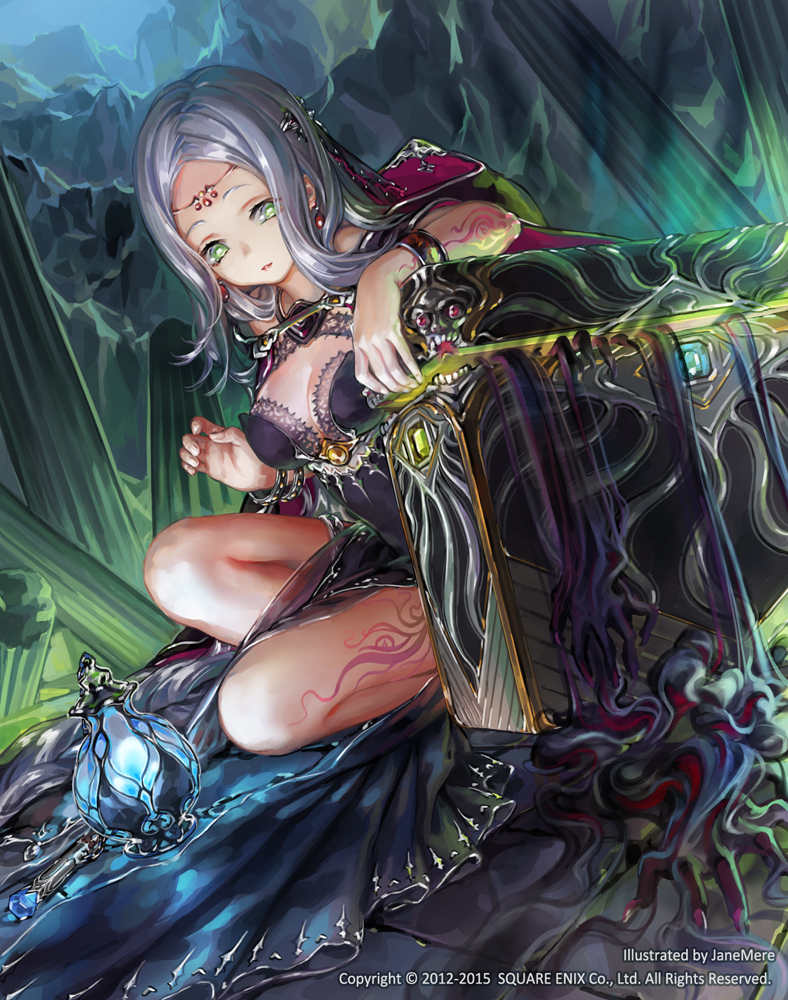 1girl artist_name breasts cleavage cloak green_eyes guardian_cross hair_ornament jane_mere jewelry long_hair official_art silver_hair smile solo square_enix tattoo