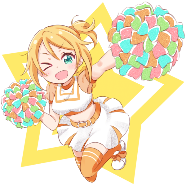 &gt;;d &gt;_o 1girl ;d belt blonde_hair blue_eyes check_(check_book) cheerleader midriff navel nonohara_hime one_eye_closed open_mouth orange_legwear pom_poms scrunchie shoe_bow shoes side_ponytail skirt smile solo star thigh-highs tokyo_7th_sisters transparent_sleeves