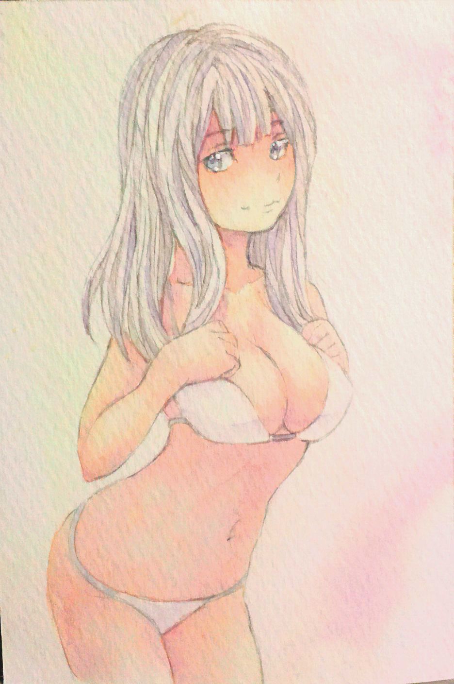 1girl bikini breasts collarbone cowboy_shot grey_eyes hands_on_own_chest highres light_smile looking_at_viewer navel original pink_background silver_hair solo swimsuit traditional_media watercolor_(medium) white_bikini white_swimsuit yuyu_(00365676)