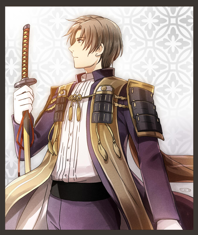 1boy border brown_hair cowboy_shot gloves heshikiri_hasebe katana male_focus mizuhara_aki sheath sheathed shippou_(pattern) short_hair sode solo sword touken_ranbu weapon white_gloves