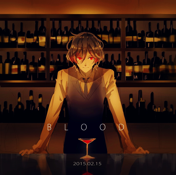1boy bar character_request collared_shirt commentary_request cup dated english formal glowing glowing_eyes lingcat long_sleeves male_focus necktie original red_eyes reflection sepia shelf short_hair sketch smile solo spot_color table vest wine_bottle wine_glass