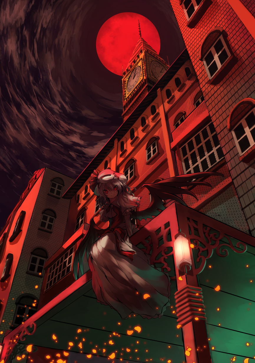 1girl ascot bat_wings berabou capelet clock clock_tower dress full_moon glowing glowing_eyes highres looking_at_viewer mob_cap moon red_eyes red_moon remilia_scarlet sash scarlet_devil_mansion silver_hair sitting smile solo touhou tower white_dress wings