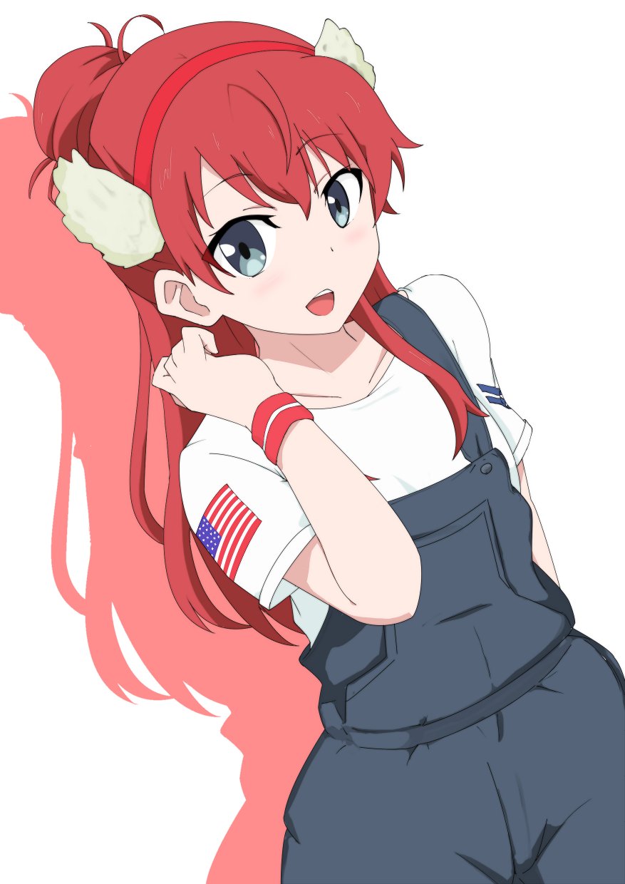 1girl american_flag blue_eyes colored_shadow cosplay drop_shadow hair_bun hairband highres long_hair lucy_(third_aerial_girls_squad) lucy_(third_aerial_girls_squad)(cosplay) maimai251 pants redhead sakaki_shizuka shadow shirobako third_aerial_girls_squad white_background wings wristband