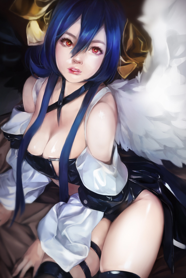 bare_shoulders blue_hair bow breasts choker cleavage dizzy guilty_gear hair_bow large_breasts lips mhz photo_reference red_eyes shiny shiny_skin sitting teeth thigh-highs