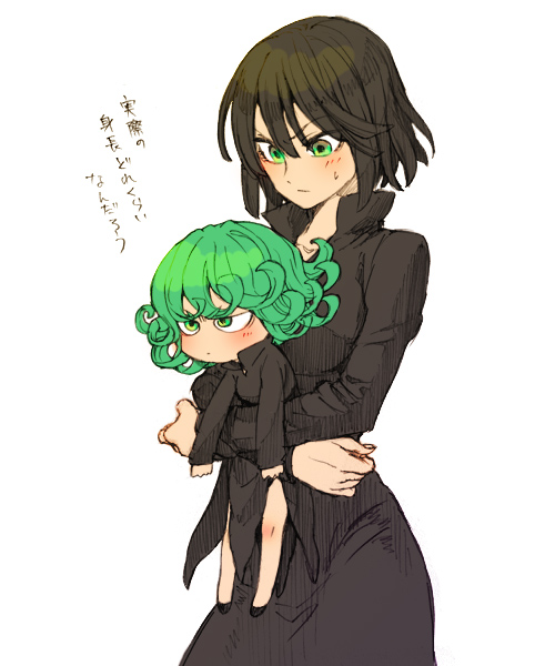2girls artist_request black_dress black_hair blush carrying dress fubuki_(onepunch_man) green_eyes green_hair long_sleeves looking_at_another looking_down multiple_girls onepunch_man short_hair siblings simple_background sisters source_request sweatdrop tatsumaki translation_request white_background