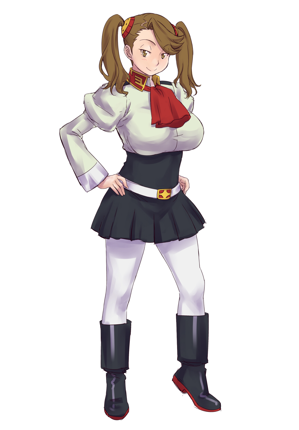 1girl ascot blouse boots breasts brown_eyes brown_hair gundam gundam_build_fighters gundam_build_fighters_try hair_ornament hands_on_hips highres huge_breasts long_hair long_sleeves pantyhose sazaki_kaoruko shoumaru_(gadget_box) skirt smile twintails white_legwear