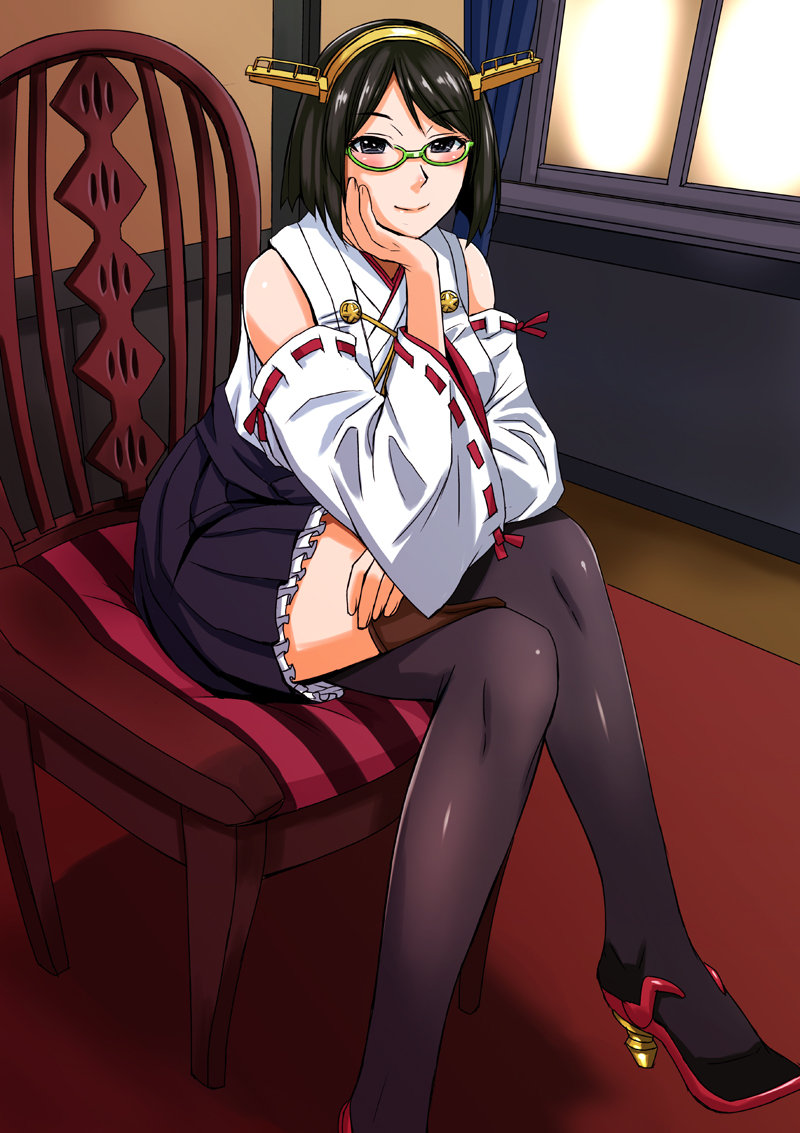 1girl bare_shoulders black_hair blush chair chin_rest crossed_legs detached_sleeves glasses green-framed_glasses hairband headgear japanese_clothes kantai_collection kirishima_(kantai_collection) kokuryuugan looking_at_viewer nontraditional_miko short_hair sitting skirt smile solo