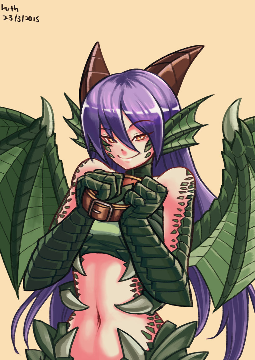 1girl 2015 claws collar dated dragon_(monster_girl_encyclopedia) dragon_girl dragon_horns dragon_wings gradient gradient_background head_fins long_hair looking_at_viewer lutherniel monster_girl_encyclopedia navel orange_eyes scales signature smile solo upper_body violet_eyes wings