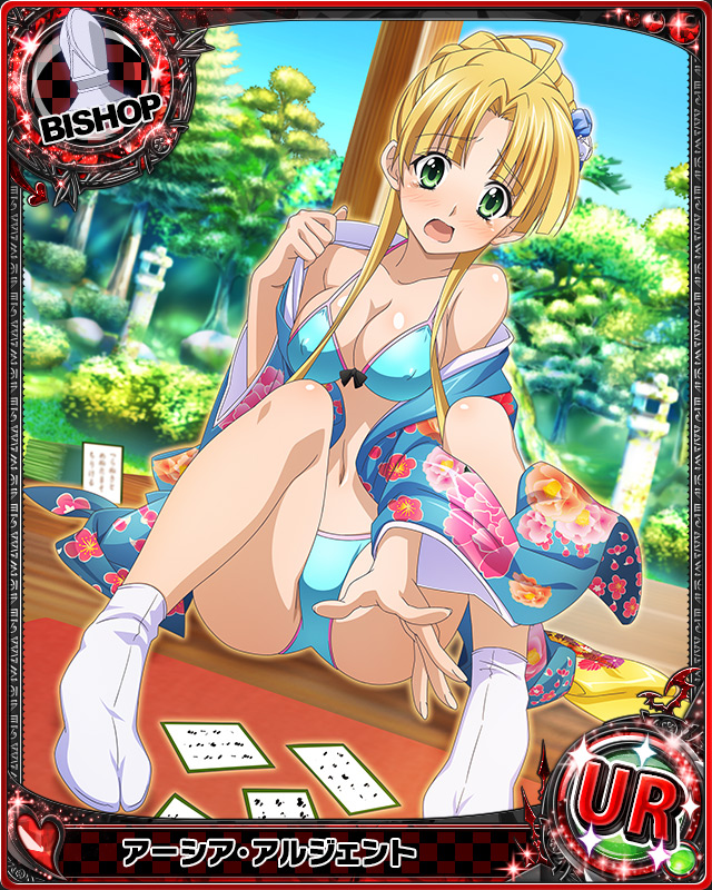 1girl ahoge artist_request asia_argento bishop_(chess) blonde_hair card_(medium) character_name chess_piece flower green_eyes hair_flower hair_ornament high_school_dxd iroha_karuta japanese_clothes kimono long_hair official_art open_clothes open_kimono swimsuit tabi trading_cards very_long_hair