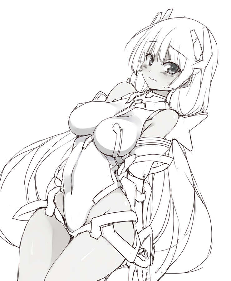1girl angela_balzac bare_shoulders blush breasts covered_navel cowboy_shot dutch_angle elbow_gloves gloves headgear impossible_leotard large_breasts leotard long_hair looking_at_viewer low_twintails monochrome rakuen_tsuihou simple_background sketch solo twintails upper_body very_long_hair white_background yostxxx