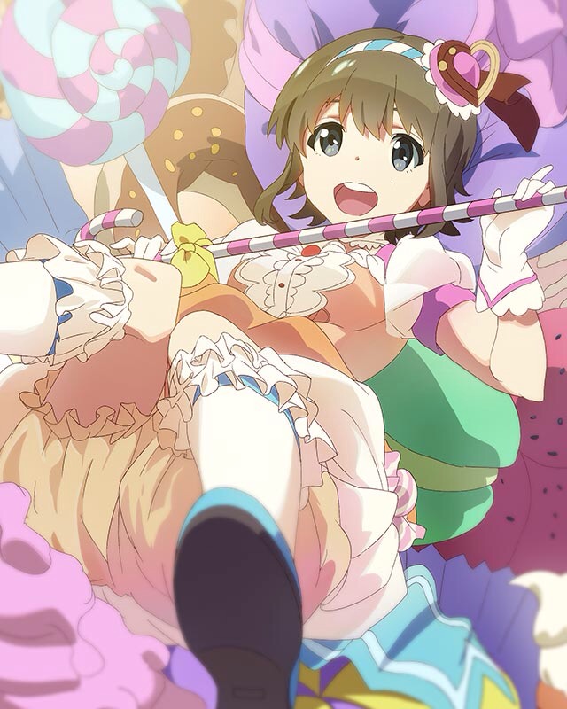 1girl :d bloomers blue_eyes brown_hair candy candy_cane frilled_legwear gloves hairband hayashida_airi heart lollipop lying magical_girl mole mole_under_eye official_art on_back open_mouth oversized_object short_hair smile socks solo sweets underwear wake_up_girls! wake_up_girls!_stage_no_tenshi white_gloves