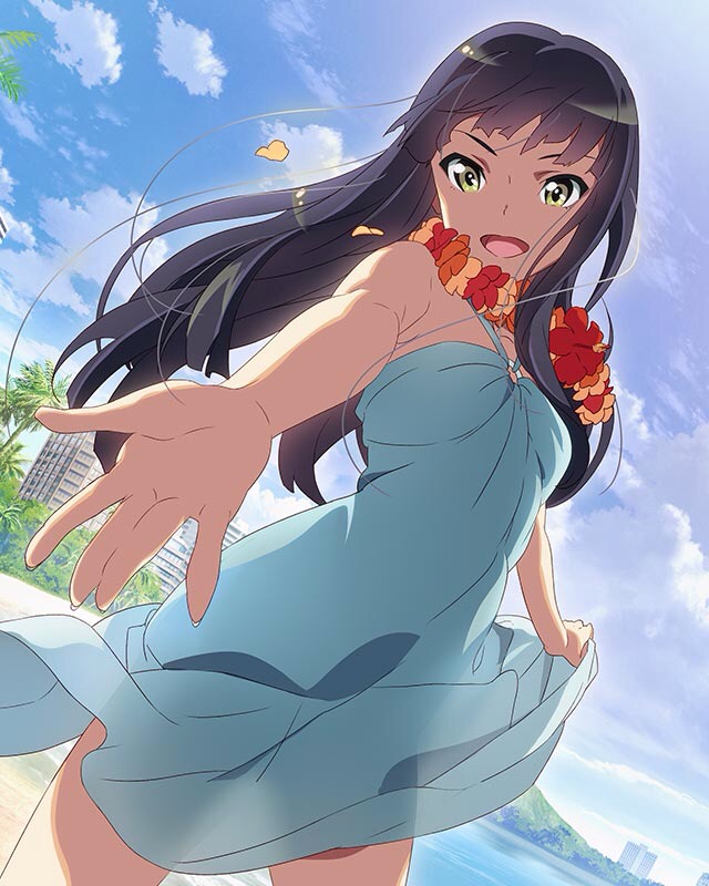 1girl :d beach clouds cowboy_shot dress dress_lift dutch_angle green_eyes halterneck long_hair looking_at_viewer nanase_yoshino official_art open_mouth outstretched_arm purple_hair see-through_silhouette smile solo sundress wake_up_girls! wake_up_girls!_stage_no_tenshi wind wreath