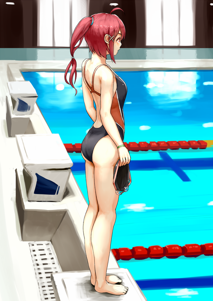 1girl adapted_costume full_body goggles hair_ribbon i-168_(kantai_collection) kantai_collection long_hair one-piece_swimsuit ponytail pool red_eyes redhead ribbon satsuki_neko swimsuit