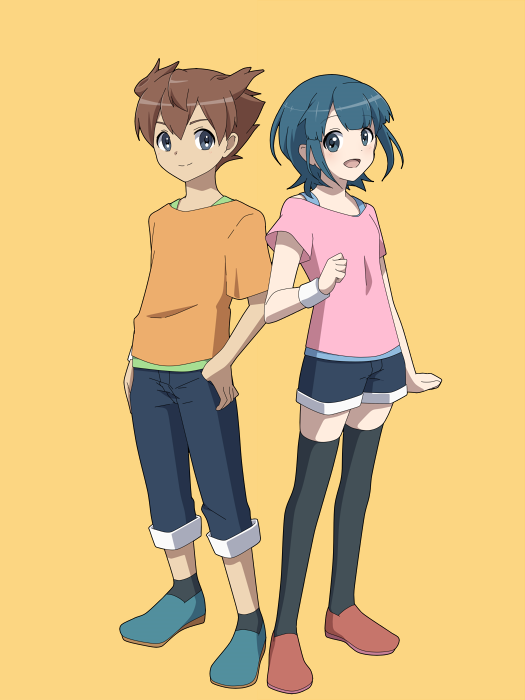 1boy 1girl black_legwear brown_hair casual green_hair inazuma_eleven_(series) inazuma_eleven_go looking_at_viewer matsukaze_tenma open_mouth pants pants_rolled_up shoes short_hair shorts simple_background socks sorano_aoi standing thigh-highs yellow_background yuma_(kuroba_tsuto)