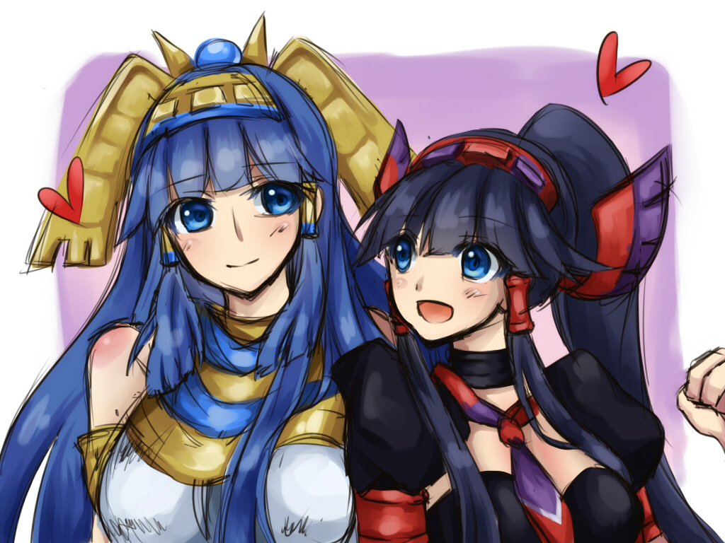 2girls black_dress black_hair blue_eyes breasts chariot.f choker dress egyptian hair_tubes hairband headdress heart isis_(p&amp;d) long_hair multiple_girls necktie nephthys_(p&amp;d) ponytail puffy_short_sleeves puffy_sleeves puzzle_&amp;_dragons short_sleeves siblings side-by-side sisters upper_body