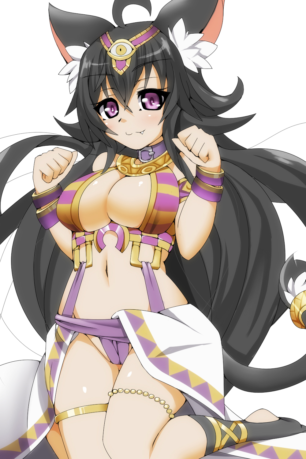 1girl animal_ears bastet_(p&amp;d) black_hair breasts cat_ears cat_tail fang_out head_wreath highres long_hair looking_at_viewer midriff navel panties paw_pose puzzle_&amp;_dragons satsujinki_(artist) simple_background smile tail toeless_socks underwear violet_eyes