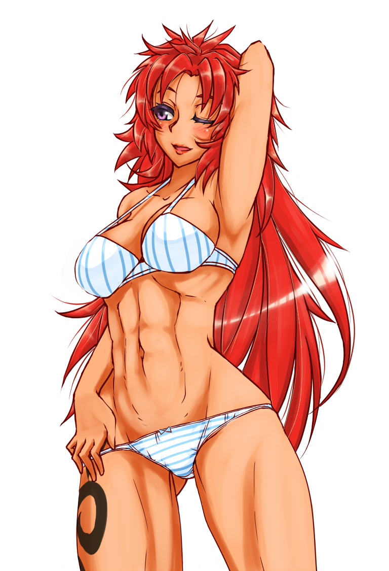 1girl abs arm_up armpits bikini blush breasts large_breasts long_hair lowleg navel one_eye_closed parted_lips queen's_blade redhead risty solo strap_gap swimsuit tattoo twrlare violet_eyes
