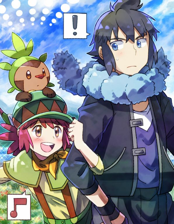 ! 1boy 1girl alain_(pokemon) blue_eyes blue_hair brown_eyes chespin hat kirikuchi_riku long_hair manon_(pokemon) pokemon pokemon_(anime) pokemon_(creature) redhead short_hair spoken_exclamation_mark