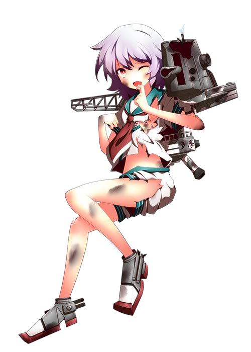 1girl blush damaged fang full_body kantai_collection machinery official_art one_eye_closed open_mouth purple_hair red_eyes school_uniform serafuku short_hair short_sleeves shorts solo tama_(kantai_collection) torn_clothes transparent_background turret ugume