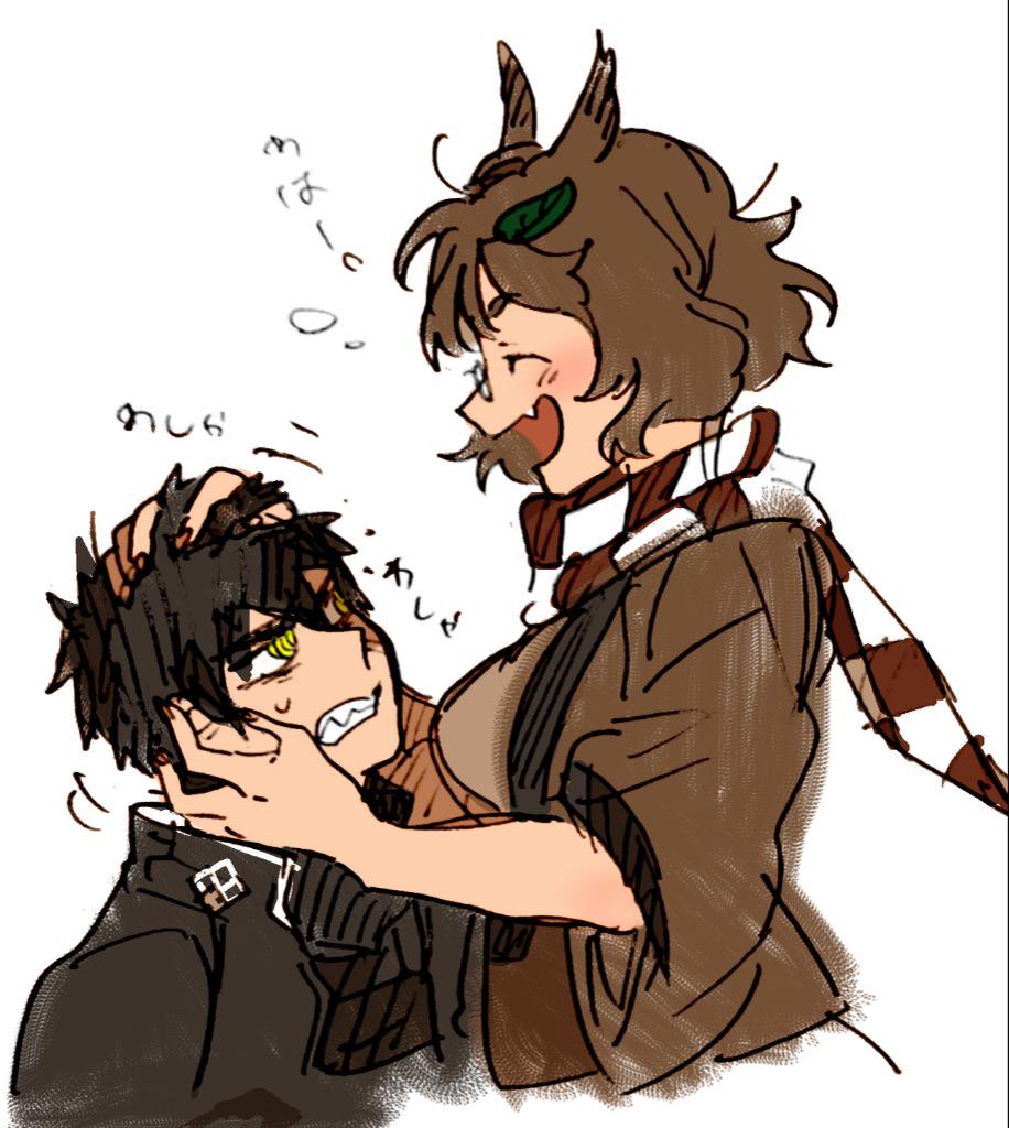 1boy 1girl animal_ears black_hair brown_hair clenched_teeth closed_eyes crossover doutanuki_masakuni fang futatsuiwa_mamizou glasses oimo_(14sainobba) open_mouth pince-nez raccoon_ears scarf smile sweat touhou touken_ranbu translation_request yellow_eyes