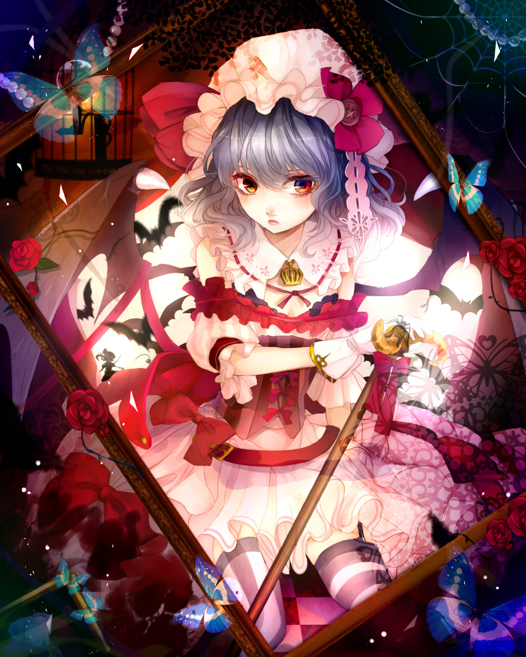 1girl alternate_costume bare_shoulders bat_wings butterfly corset detached_sleeves dress flower gloves hat hat_ribbon highres looking_at_viewer mob_cap open_mouth puffy_short_sleeves puffy_sleeves red_eyes red_rose remilia_scarlet renkarua ribbon rose short_sleeves silk silver_hair solo spider_web strapless_dress striped striped_legwear thigh-highs touhou vines white_dress white_gloves wings zettai_ryouiki