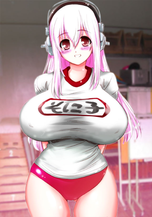 1girl blush breasts buruma gym_uniform headphones huge_breasts impossible_clothes impossible_shirt long_hair looking_at_viewer nitroplus perepere-kun pink_eyes pink_hair smile solo super_sonico