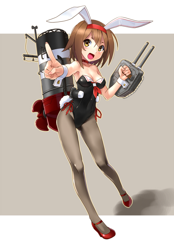 1girl adapted_costume animal_ears breasts brown_hair brown_legwear bunny_tail bunnysuit cannon cleavage detached_collar fake_animal_ears hair_ornament hairband high_heels kantai_collection katahira_masashi leotard looking_at_viewer open_mouth pantyhose rabbit_ears shadow shiratsuyu_(kantai_collection) short_hair simple_background smile smokestack solo tail turret wrist_cuffs