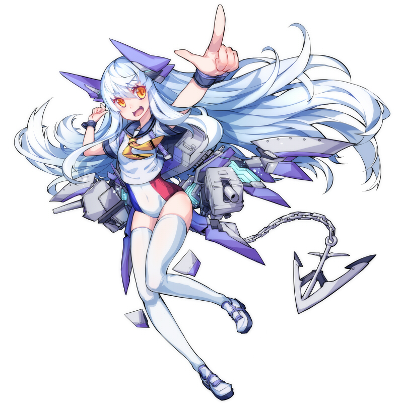 1girl anchor blouse cannon chain fang headgear le_fantasque_(warship_girls_r) leotard long_hair necktie ntrsis open_mouth personification school_uniform silver_hair smile thigh-highs turret very_long_hair warship_girls_r white_legwear wrist_cuffs yellow_eyes