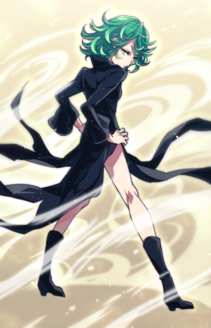 1girl ang black_dress curly_hair dress green_eyes green_hair onepunch_man short_hair solo tatsumaki wind