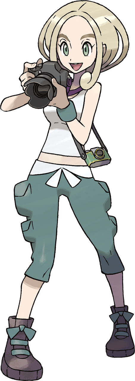 1girl blonde_hair green_eyes gym_leader highres long_hair midriff official_art oomura_yuusuke pokemon pokemon_(game) pokemon_xy short_hair simple_background smile transparent_background viola_(pokemon)