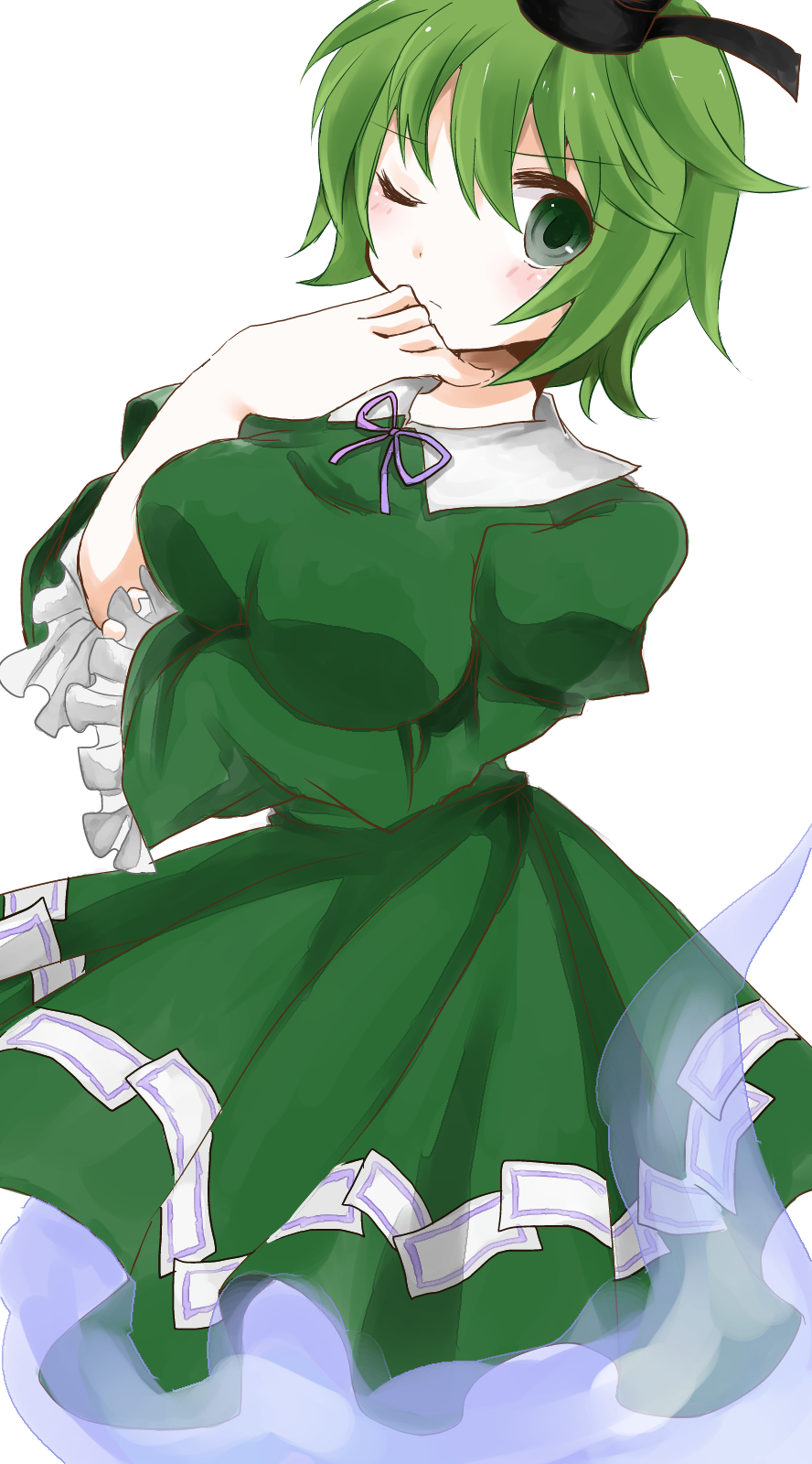 1girl blush breast_lift breasts dress ghost ghost_tail green_eyes green_hair hat highres juliet_sleeves large_breasts long_sleeves looking_at_viewer one_eye_closed puffy_sleeves short_hair soga_no_tojiko solo sui_(aruko91) tate_eboshi thinking touhou
