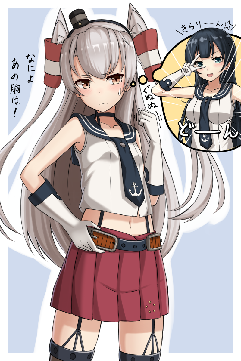 2girls agano_(kantai_collection) agano_(kantai_collection)_(cosplay) amatsukaze_(kantai_collection) anchor_symbol bare_shoulders black_hair blue_eyes blush breast_conscious brown_eyes choker clenched_hand crop_top emphasis_lines garter_straps gloves hand_on_belt headgear highres kantai_collection long_hair midriff multiple_girls neckerchief pleated_skirt rabochicken red_skirt sailor_collar school_uniform serafuku silver_hair skirt sleeveless sleeveless_shirt sweat thigh-highs two_side_up v v_over_eye wavy_mouth white_gloves