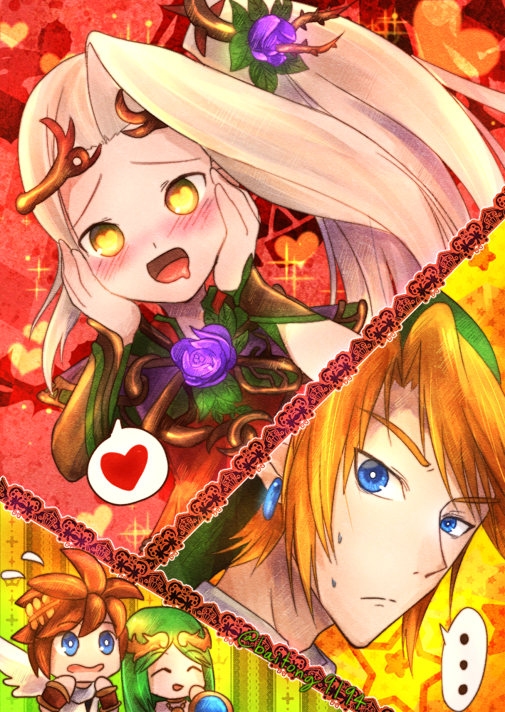 ... 2boys 2girls angel_wings artist_request bangs blonde_hair blue_eyes blush brown_hair commentary drooling earrings flying_sweatdrops green_hair hair_ornament hands_on_own_cheeks hands_on_own_face heart heart-shaped_pupils jewelry kid_icarus_uprising link multiple_boys multiple_girls nachure open_mouth palutena payot pit_(kid_icarus) speech_bubble spoken_heart super_smash_bros. sweat swept_bangs symbol-shaped_pupils the_legend_of_zelda wings