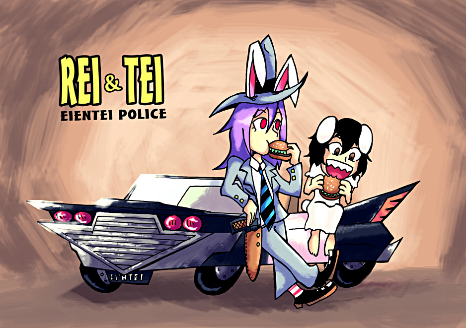 animal_ears black_hair brown_eyes car cosplay dress eating food formal gun hamburger hat holster inaba_tewi long_hair motor_vehicle multiple_girls necktie purple_hair rabbit_ears red_eyes reisen_udongein_inaba sam_(sam_and_max) sam_(sam_and_max)_(cosplay) sam_and_max setz short_hair suit touhou vehicle weapon