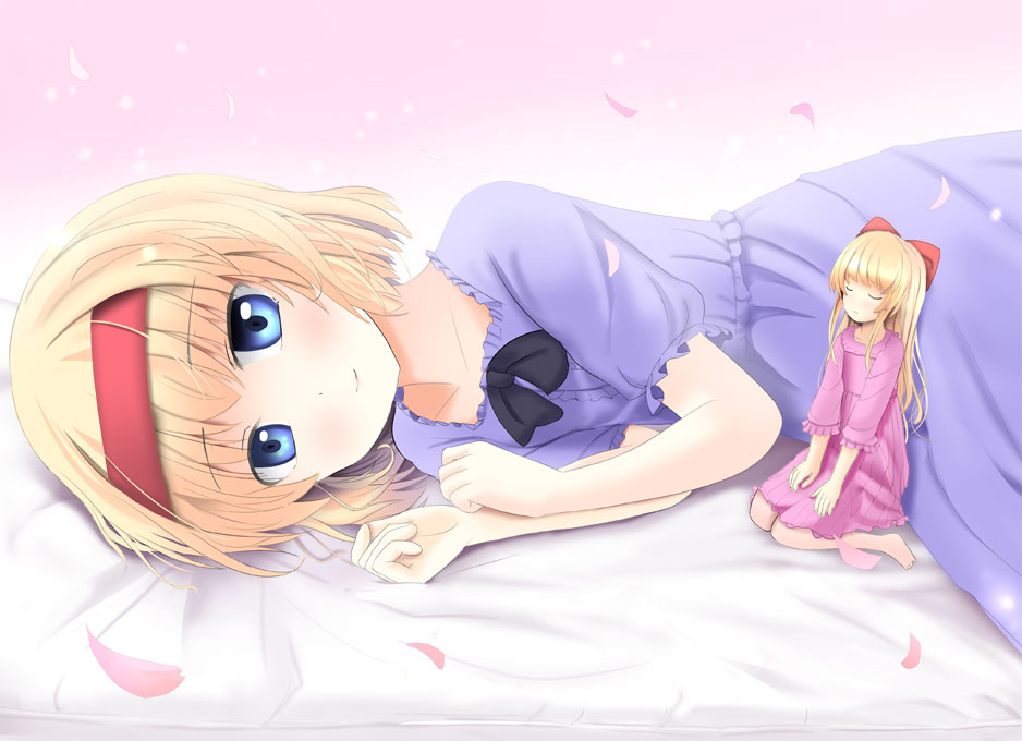 1girl a_(aaaaaaaaaaw) alice_margatroid alternate_costume barefoot blonde_hair blue_dress blue_eyes bow closed_eyes dress hair_bow hairband lying on_side petals pink_dress shanghai_doll sitting smile solo touhou