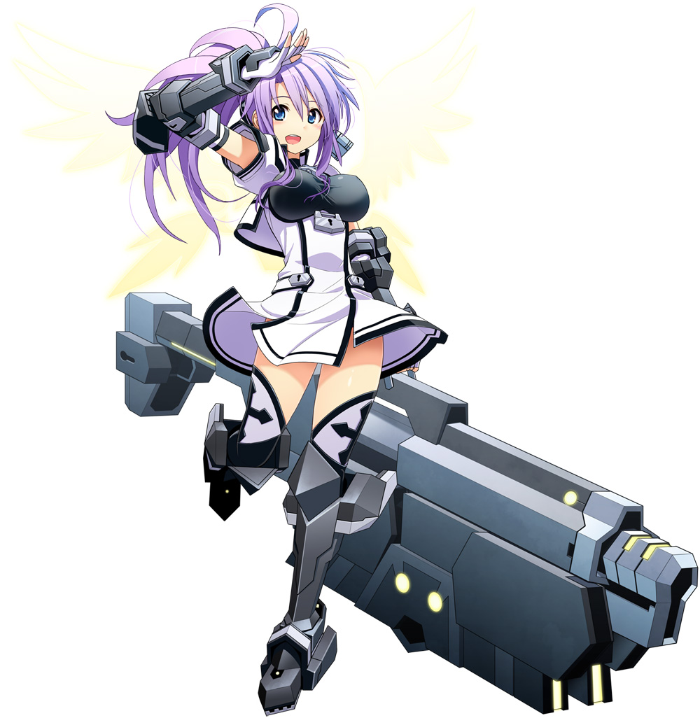1girl armor blue_eyes boots breasts cosmic_break detached_sleeves fingerless_gloves full_body gloves gun keyhole large_breasts lock looking_at_viewer metal_boots ponytail purple_hair salute serieux_blanche simple_background solo weapon wings