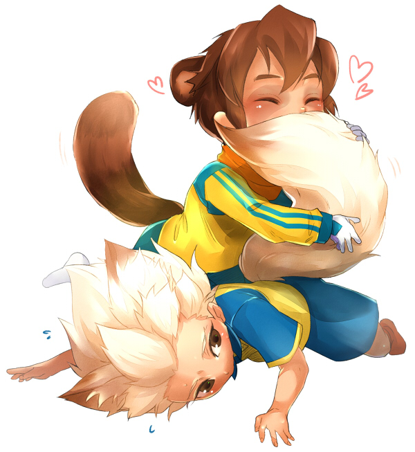 2boys animal_ears brown_eyes brown_hair chibi closed_eyes endou_mamoru fox_ears fox_tail garamgum gouenji_shuuya heart hug inazuma_eleven inazuma_eleven_(series) male_focus multiple_boys smile tail white_hair yaoi