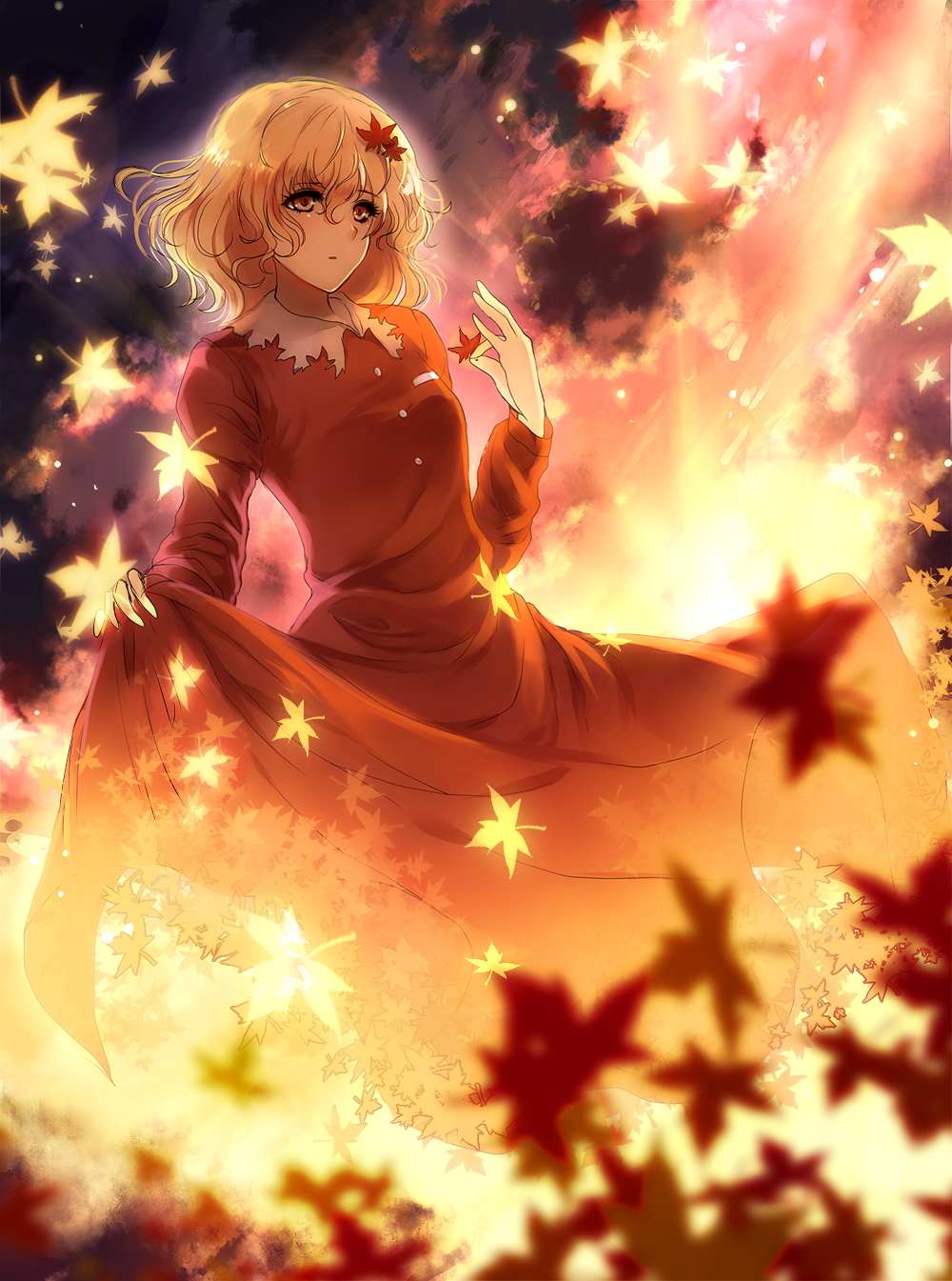 1girl aki_shizuha amber_eyes autumn blonde_hair clouds dissolving_clothes dress hair_ornament highres kotonoman long_sleeves orange_dress sky solo sunset touhou